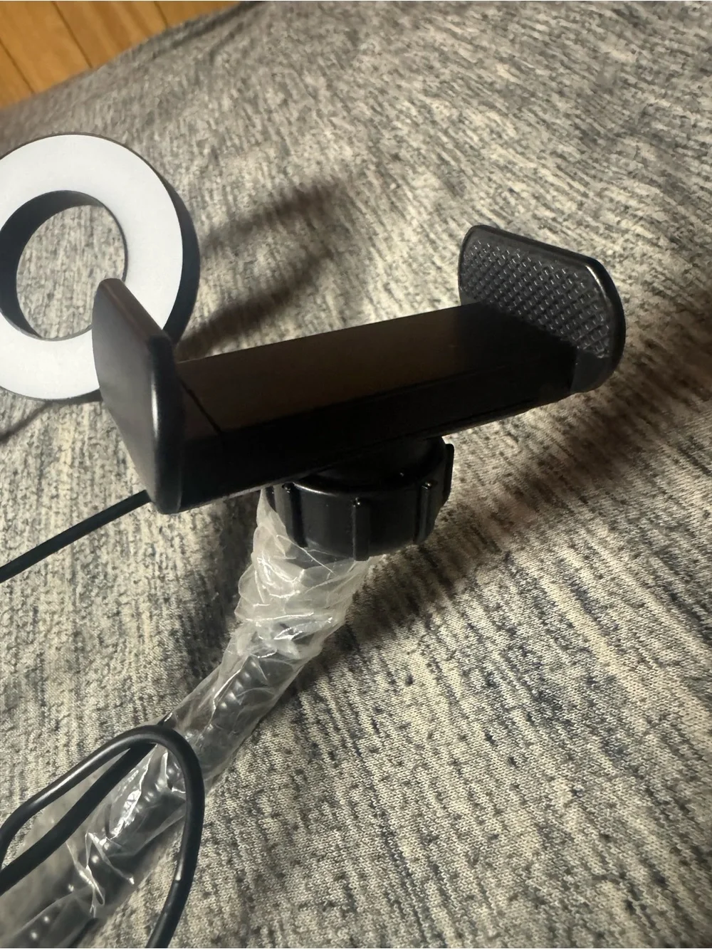 Black Clip-On LED Ring Light with Flexible Gooseneck and Phone Mount